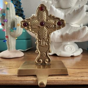 Vintage Brass Cross Christmas Stocking Hook with Ruby Red Glass Accents